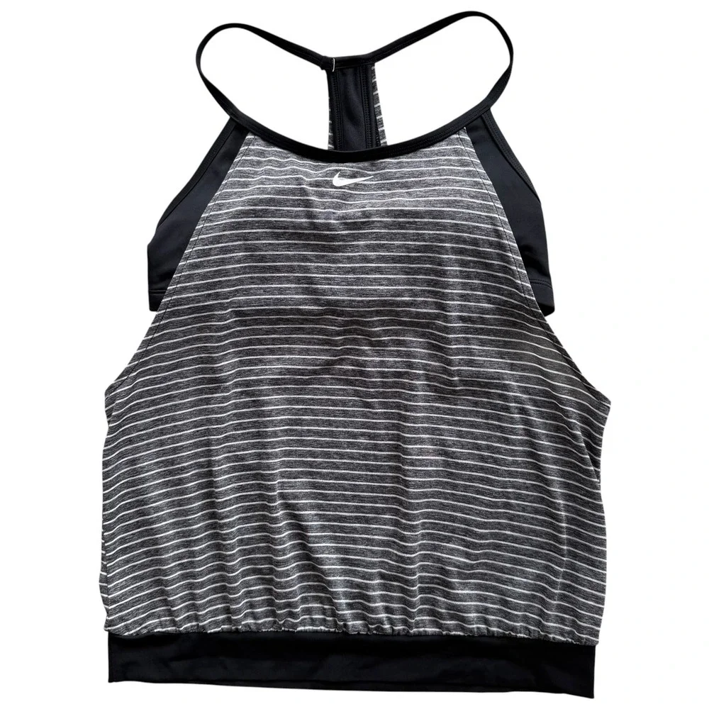 Nike Women L Grey Black Heather Stripe Layered Sport T-Back Tankini Top NESS8216